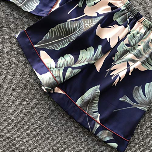 Women Simulation Silk Printing Pattern Pajamas Short Sleeve Sleepwear V Neck Nightwear Set Navy - Thumbnail 3
