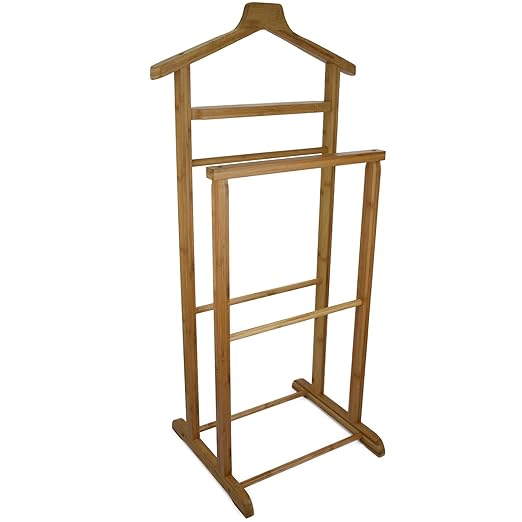 My-goodbuy24 Herrendiener Kleiderständer Holz Stummer Diener Kleiderbutler Damendiener Garderobe mit Hosenbügel (Natur Bambus