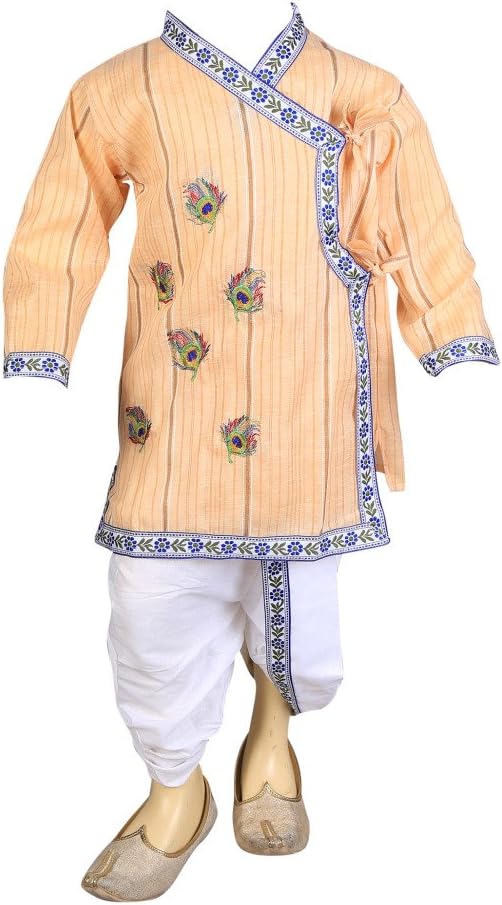 FOCIL Raksha Bandhan, Janmashtami Special Cream Peacock Feather Embroidery Kurta and Dhoti Pant Set for Kids