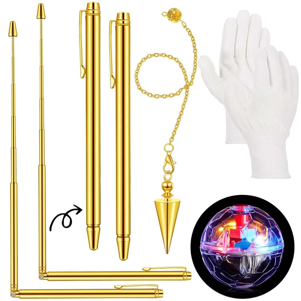 Poggapp Equipment for Tools Copper Dowsing Rods 5pcs Set Cone Probe Pendulum LED Light Cat Ball Gloves Divining Water for Gold Treasure