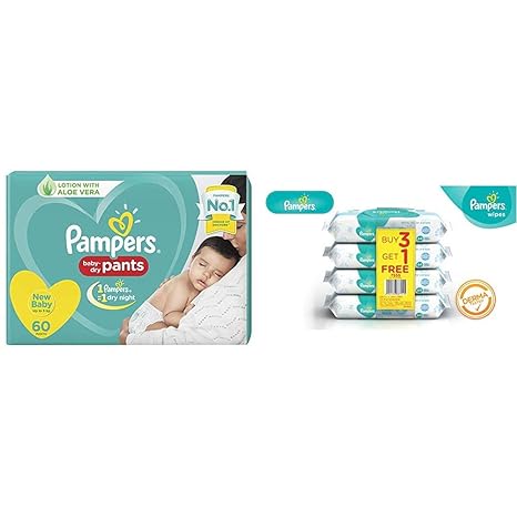 Pampers New Diapers Pants, New Baby, 60 Count & Pampers Fresh Clean Baby Wipes - 64 Wipes/Pack (Buy 3 Packs Get 1)