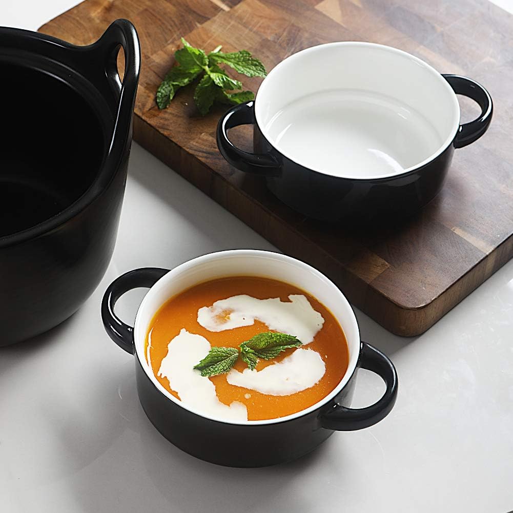  | SWEEJAR Ceramic Soup Bowl with Double Handles, 20 Oz Stacked Bowls for French Onion Soup, Cereal, Pot Pies, Stew, Chill, Pasta, Set of 4 (Black): Soup Bowls