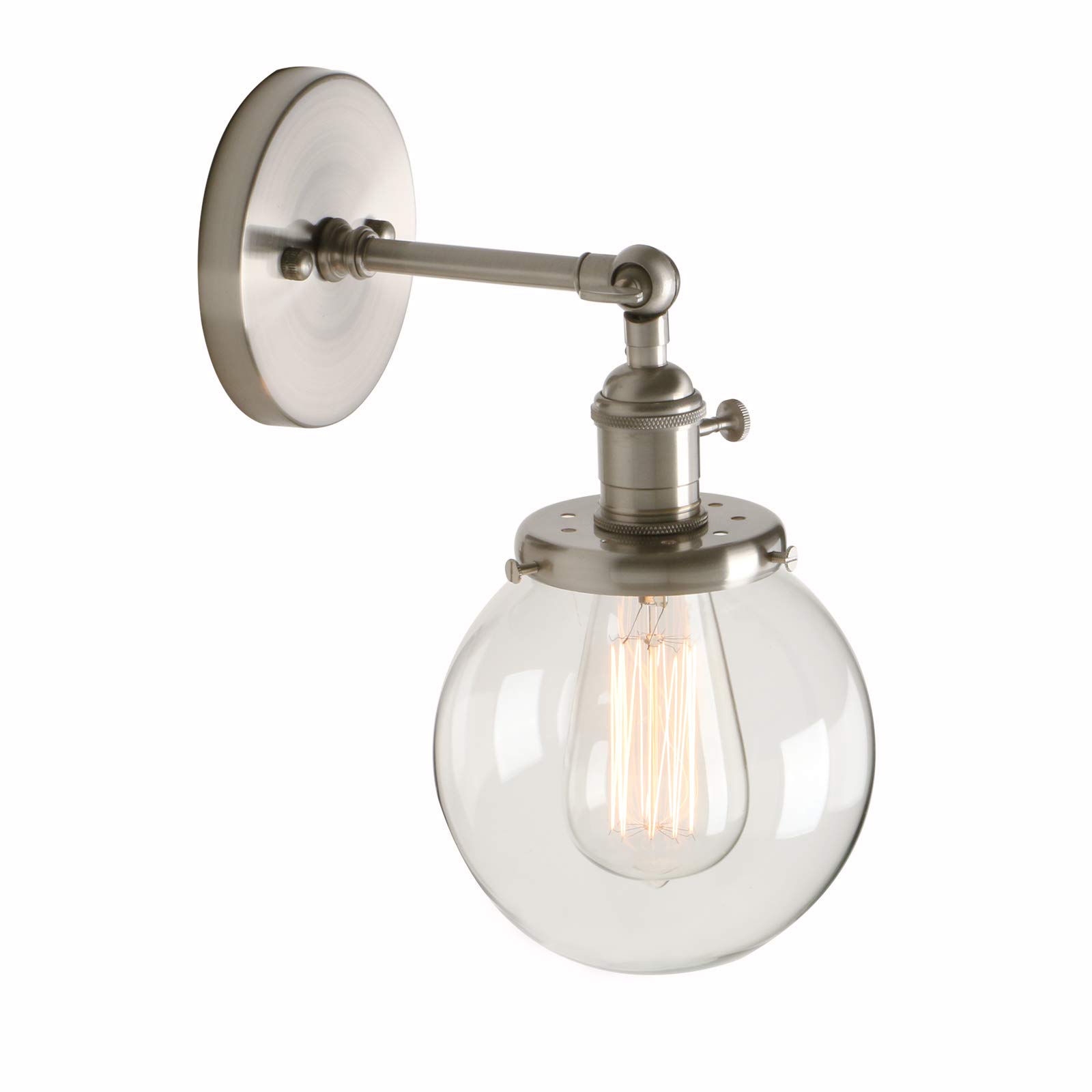 PathsOn Industrial Vintage Loft Bar Kitchen Switch Wall Lights Fittings Corridor Sconce Light Lamp Fixture with 15cm Globe Clear Glass Lampshade (Brushed)