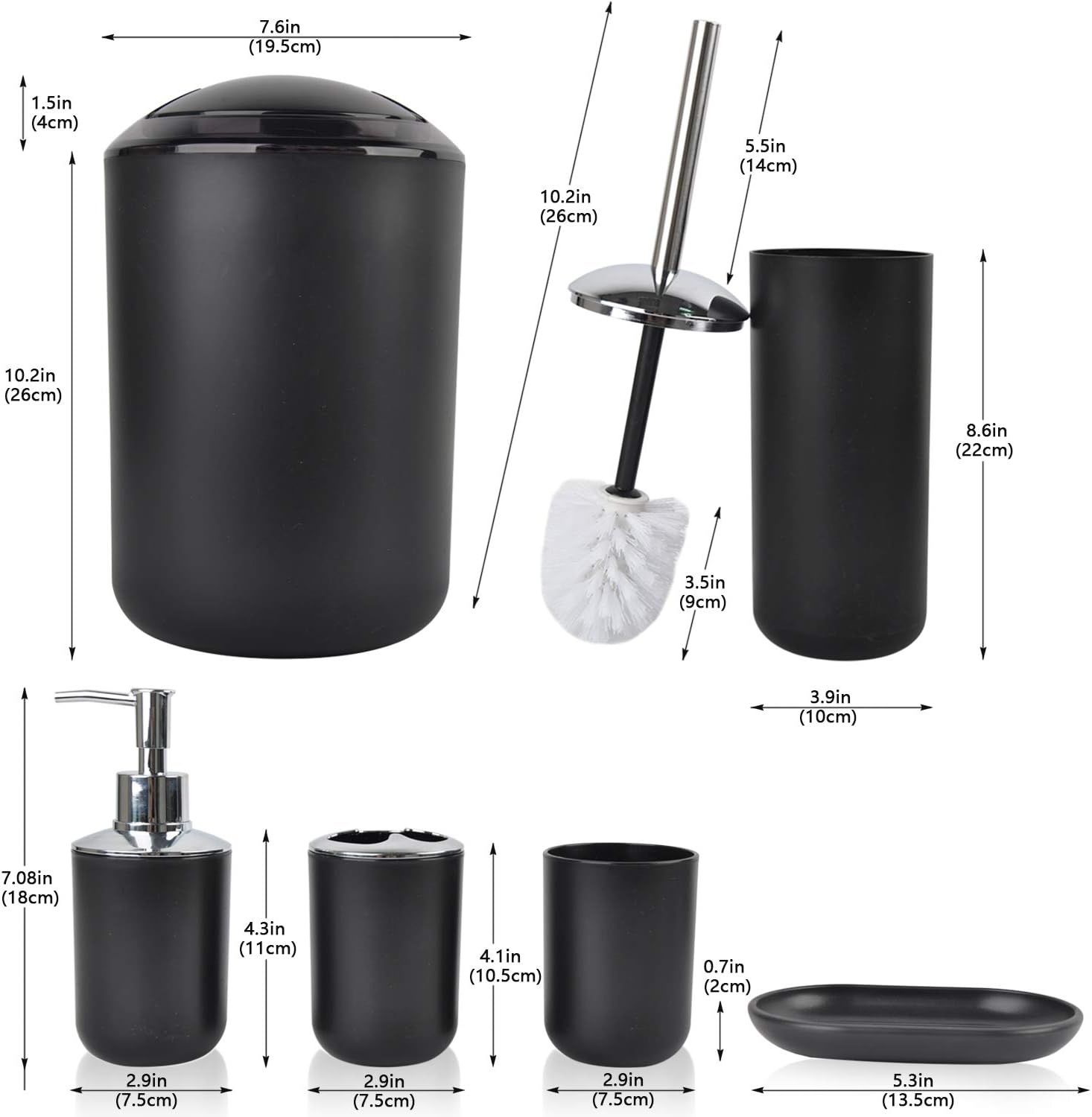 CERBIOR Bathroom Accessories Set 6 Piece Bath Ensemble Includes Soap Dispenser, Toothbrush Holder, Toothbrush Cup, Soap Dish for Decorative Countertop and Housewarming Gift, Black: Home & Kitchen