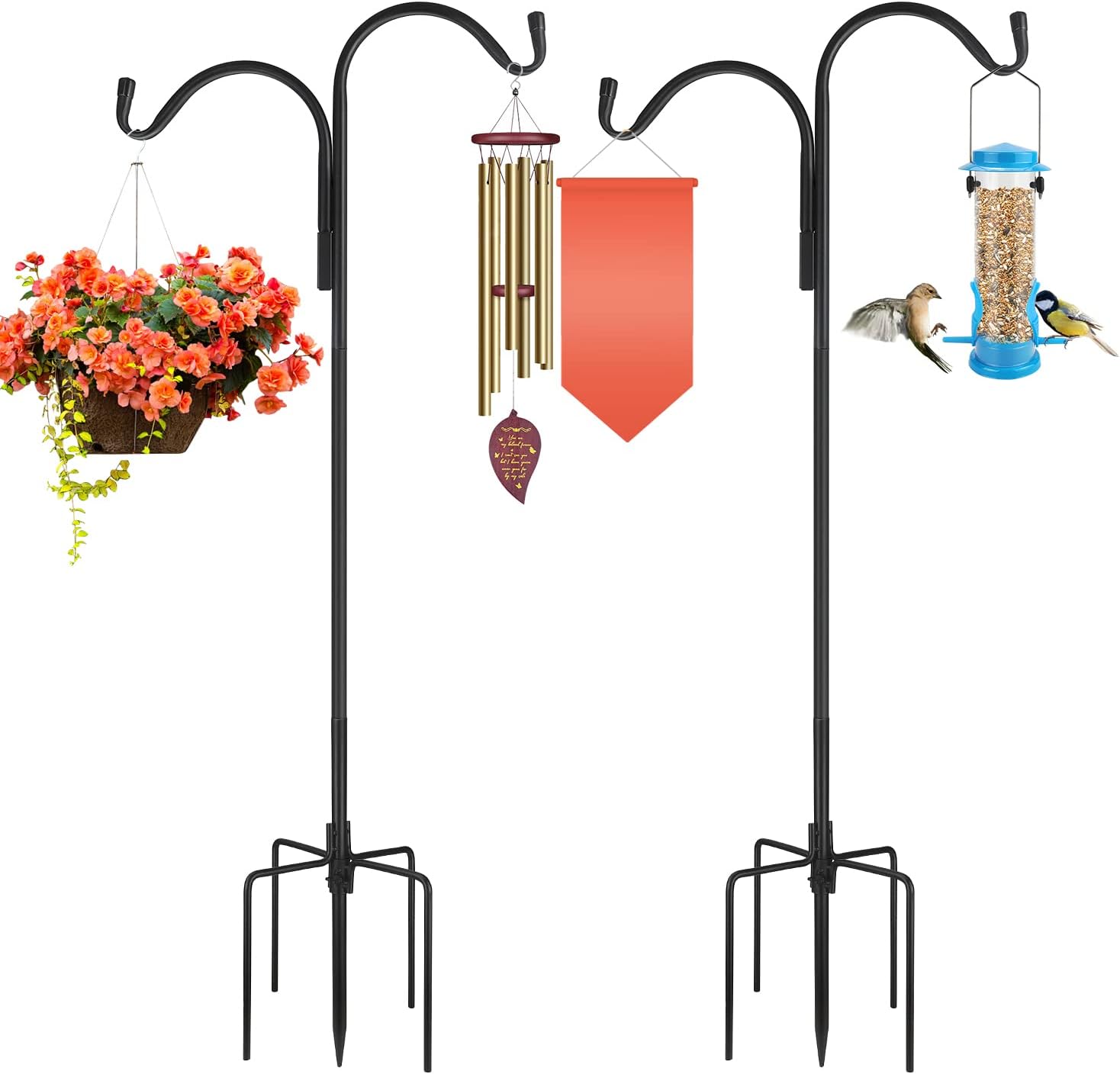Outdoor Shepherd's Hooks - MIXXIDEA Double Shepherds Hook 77 Inch, Garden Bird Feeder Pole with 5 Prong Base,3/5 Thick Adjustable Hook for Hanging Bird Feeders, Plant Basket, Solar Lights Lantern, Wedding(Black 2 Pack)