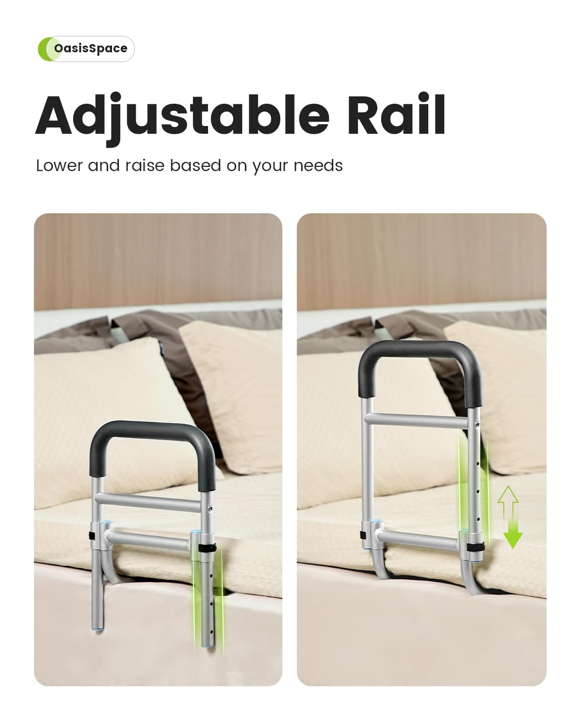 OasisSpace Bed Rail Bedside Fall Prevention Grab Bar Mobility Aid for Elderly Seniors, Handicap Adjustable Adult Bed Rail Cane fits King, Queen, Full, Twin Stability Standing Bar Handle
