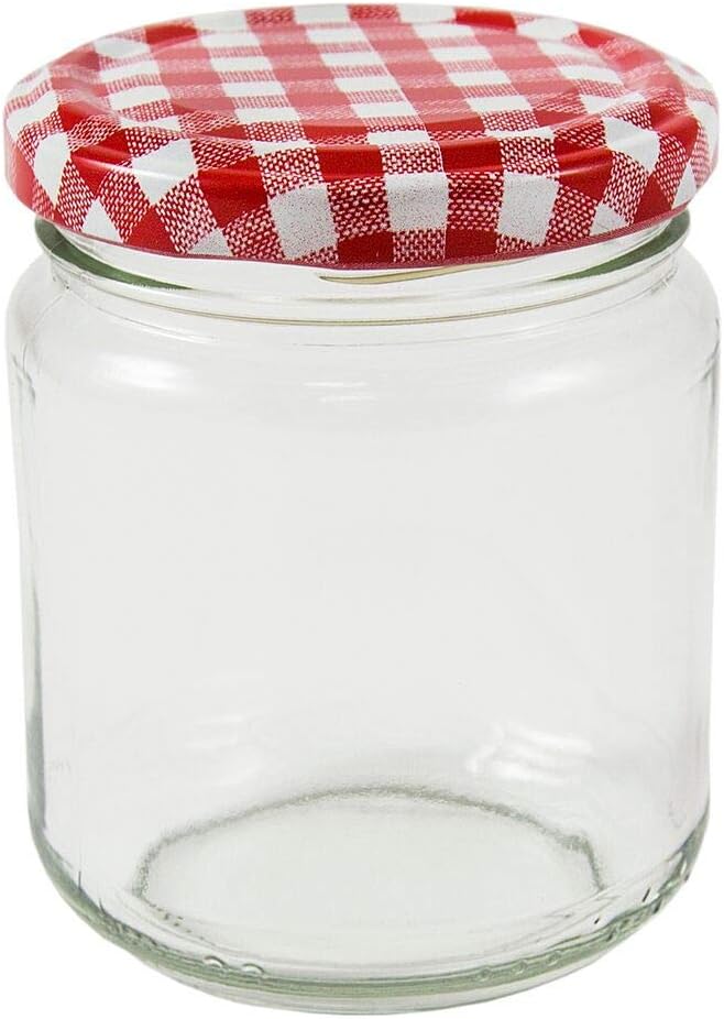 24 x 8 oz (228 mls.) Jam Jars with a choice of seven coloured lids (red gingham)