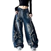 PEAINJ Baggy Jeans for Women Girls Star Barrel Jeans Wide Leg Embroidered Patchwork Denim Pants Cute Vintage Clothes