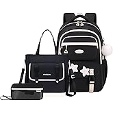 3Pcs Black Backpack for Girls, Teen Girls Backpack Set with Tote Bag for Elementary Middle School Kids, with Star Pins and Furry Pendant, A08-3Pcs Black