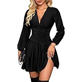 ChiaoLezhee Pleated Mini Dress, V Neck A Line, Semi Formal Cocktail, Smocked Ruched Short Skater Dresses Date Night for Women