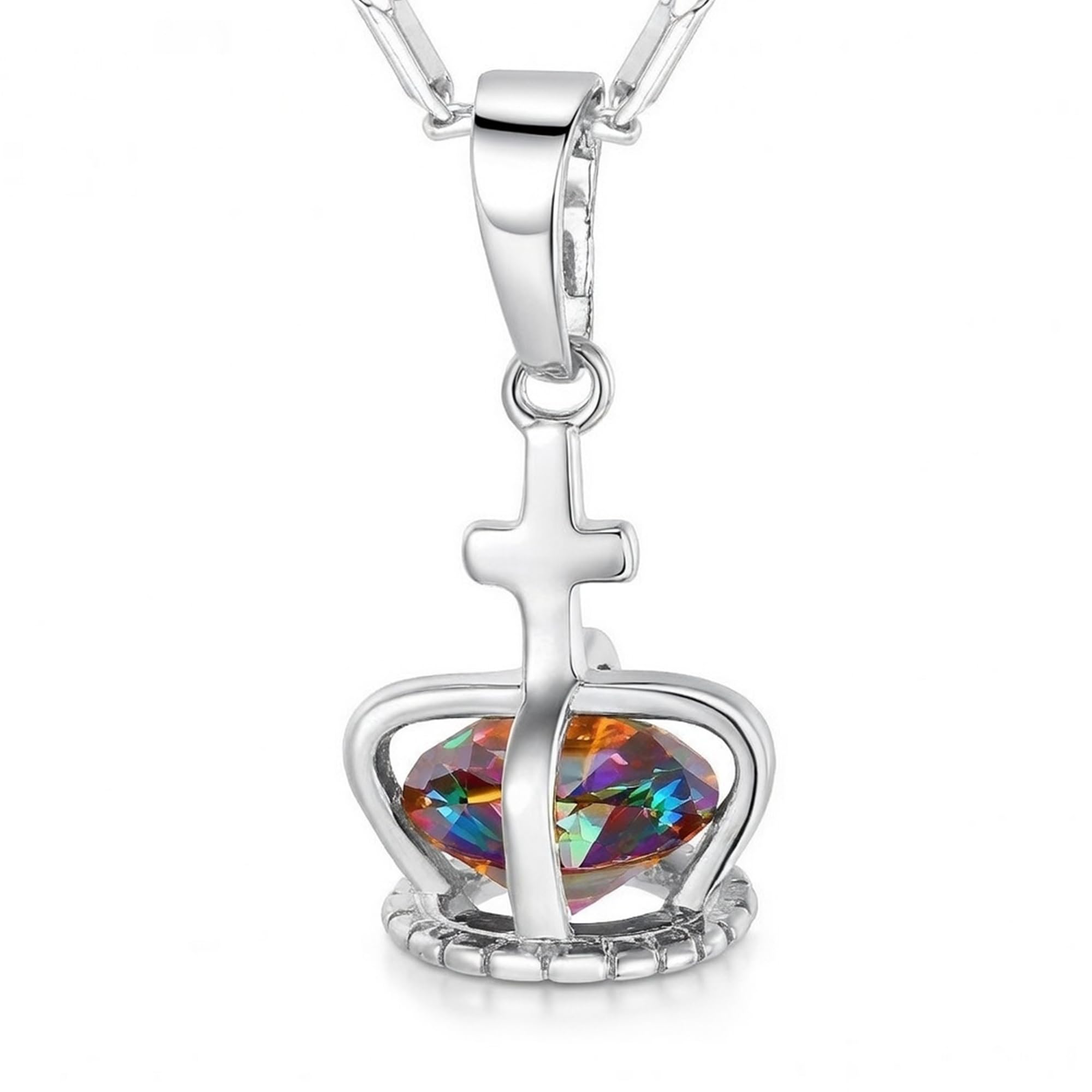 IzuBizu London Womens Silver Plated Rainbow Diamond Crown Necklace Girls Princess Holiday Anniversary Mother's Day Jewellery