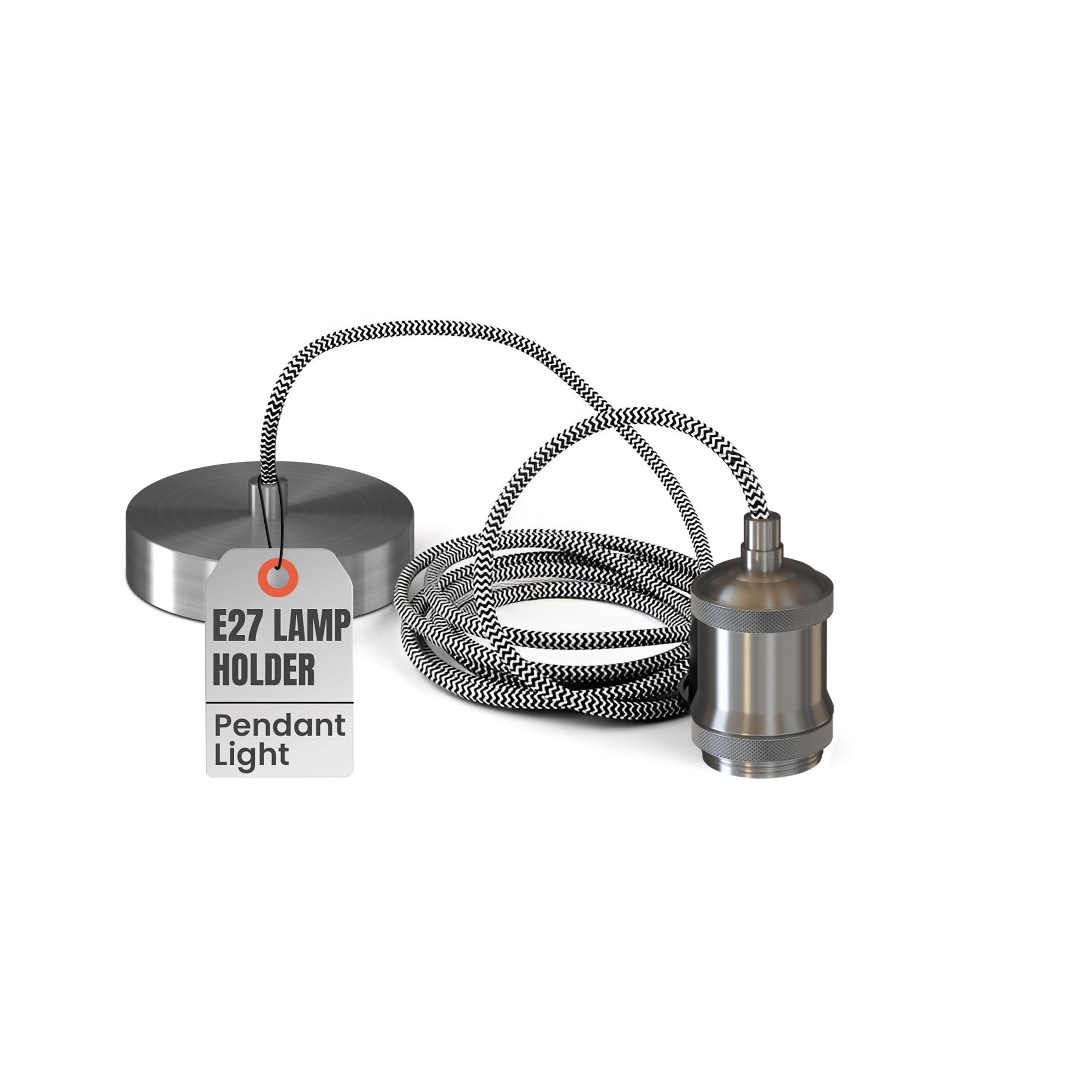 LEDSone Vintage Satin Nickel Pendant Light Fitting E27 Lamp Holder with 1m Braided Cable – Industrial Ceiling Hanging Light for Kitchen, Dining Room, Living Room