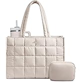 LOVEVOOK Tote Bag for Women, Puffer Work Handbag 15.6 Inch Laptop Purse for Nurse Teacher, Large Quilted Travel Tote Shoulder Bag with Zipper for College Office Clinical Gym, Off white