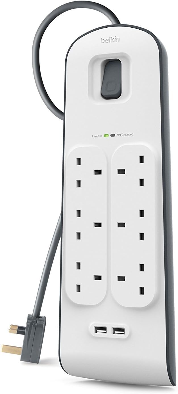 Belkin Extension Lead with USB Slots x 2 (2.4 A Shared), 6 Way/6 Plug Extension, 2m Surge Protected Power Strip - White