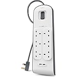 Belkin BSV604 6 Way/ 6 Plug 2m Surge Protection Extension Lead Strip with 2 x 2.4 A Shared USB Charging Port - White