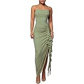 Floerns Women's Ruffle Trim Ruched Slit Strapless Dress Sleeveless Bodycon Maxi Dresses