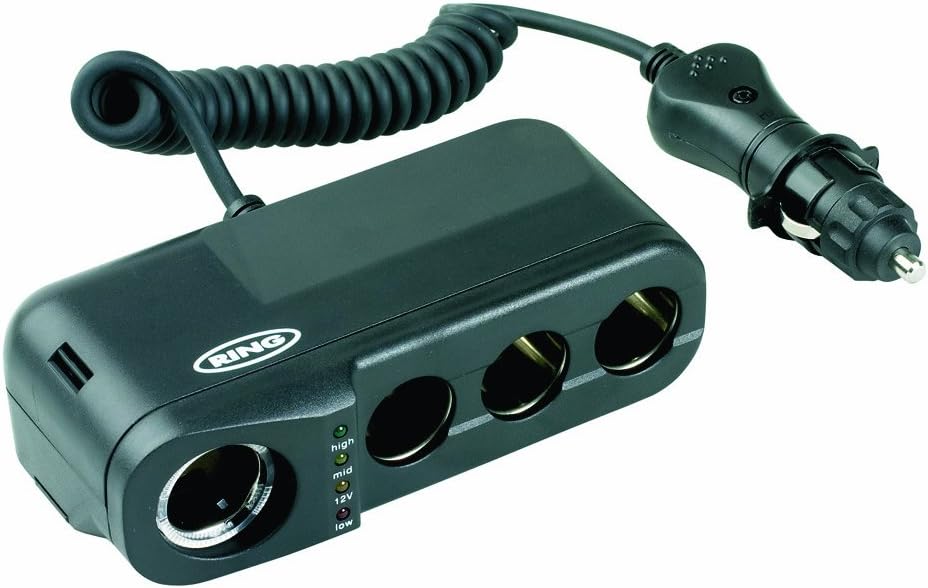 RING Quadruple Multi Socket Car Adaptor With Battery Analyser, Black, 4 Sockets