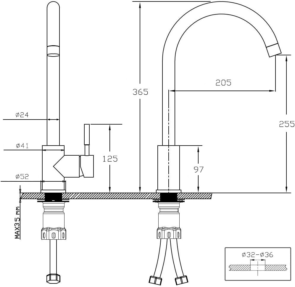 KINSE Single Lever Kitchen Tap Stainless Steel 360° Swivel Kitchen