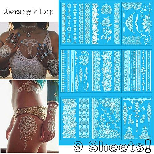 Premium Temporary Tattoos, 9 Sheets, White Color, Long Lasting and Waterproof Temporary Fake Jewelry Tattoo, Sexy Body Tattoo Sticker for Women &amp; Girls (Style 3)
