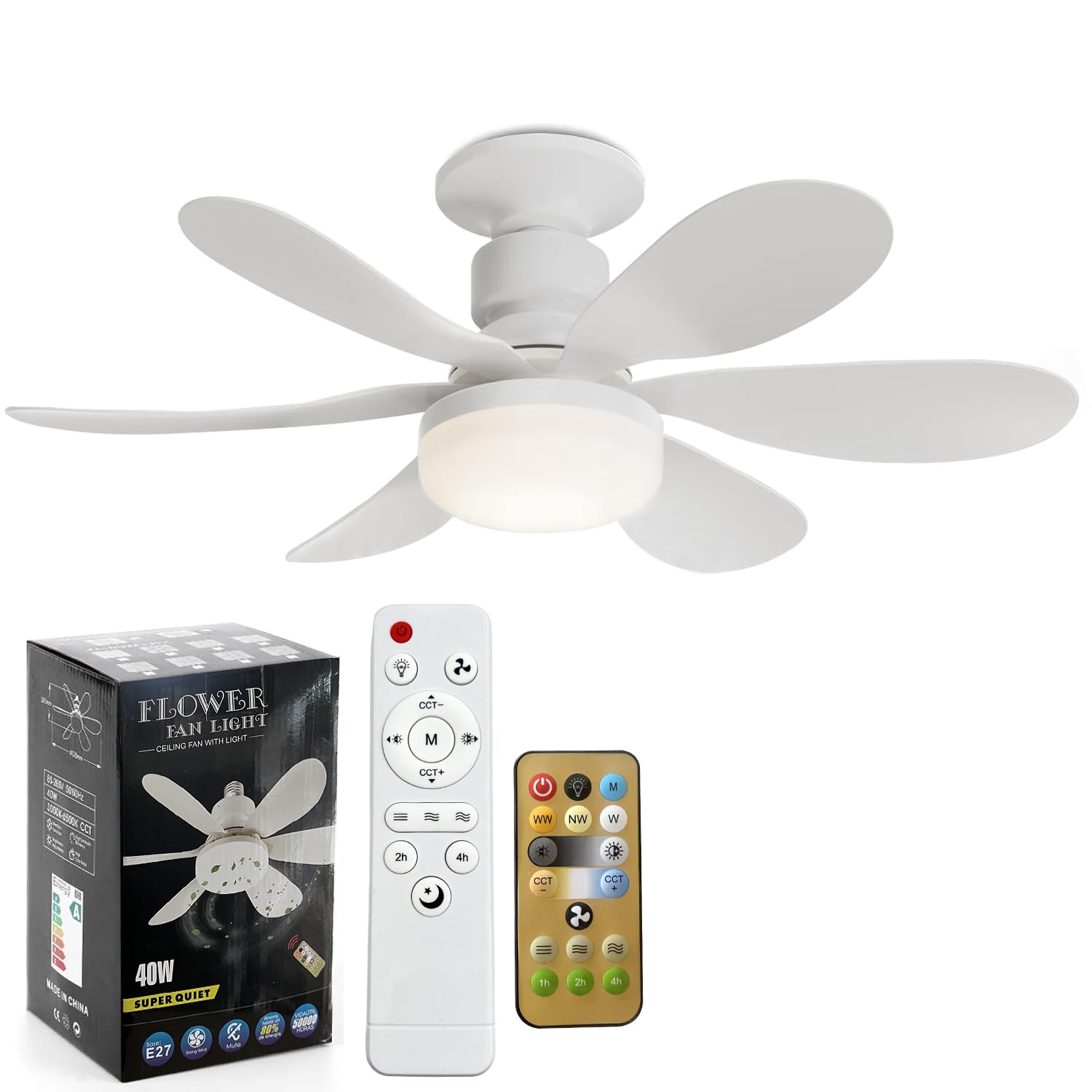YumSur Ceiling Fans with Lights,E27 40W Ceiling Lamp with Fan RC Timing, 3 Speeds 3 Colors (3000-6500K) LED Lights, Quiet Fan 6 Blades,Modern Fan Lamp for Bedroom Living Room (style1 White)