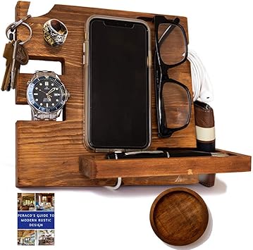Amazon Com Peraco S Wooden Docking Station For Men And Nightstand Organizer Holds Phone Keys Watch Wallet Ring Pen Glasses Ring Comes With Coaster And Ebook Electronics