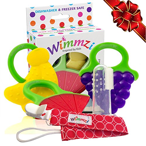 Teething Toys Set for Baby - 3 BPA-Free Silicone Soft Fruit Teethers + Pacifier/Teether Clip Holder + Finger Toothbrush, Best Sore Gums Relief for Infant and Toddler, Freezer Safe, WIMMZI