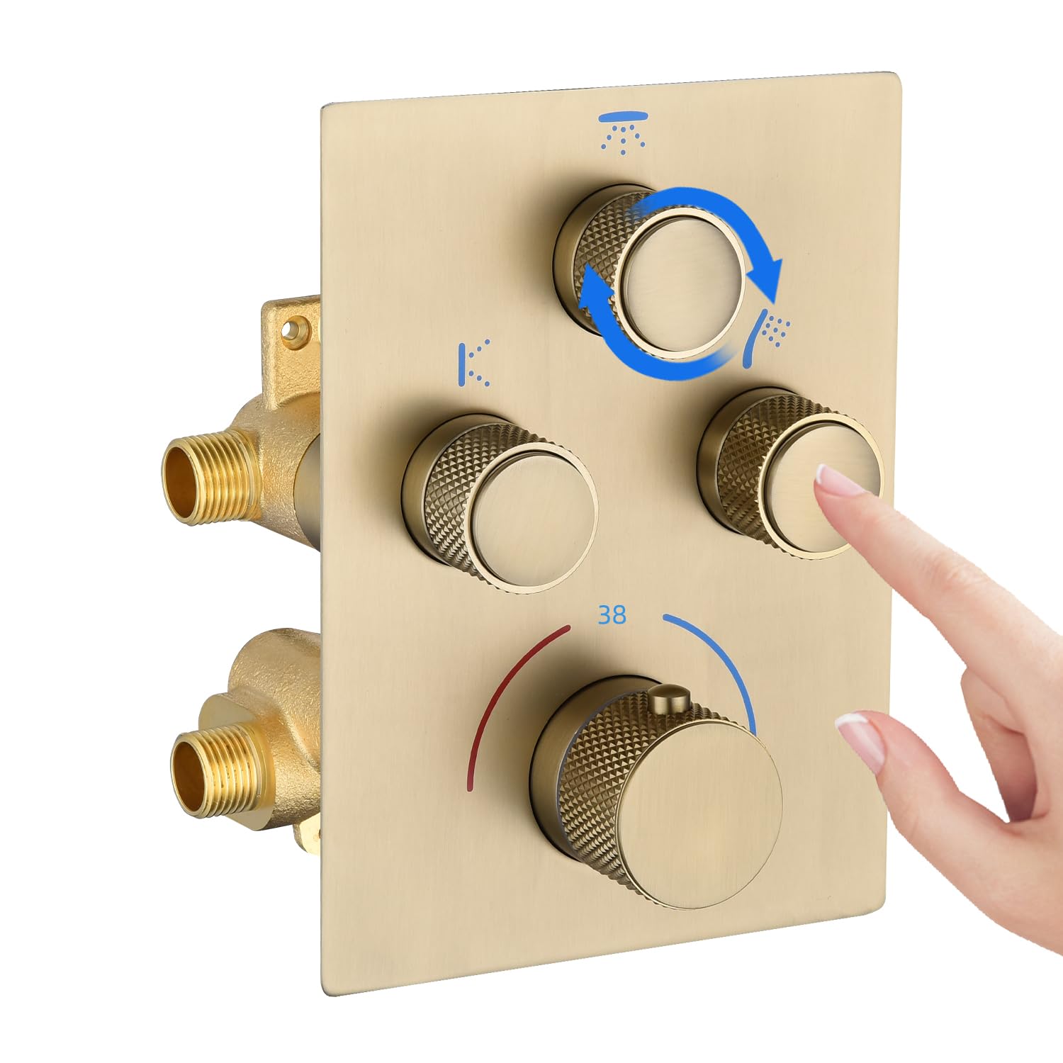 Thermostatic 3 Way Concealed Shower Mixer Valve - Brass 3 Outlet Diverter with Push Button, Adjustable Water Flow & Temperature, Simultaneous Operation (Brushed Gold)