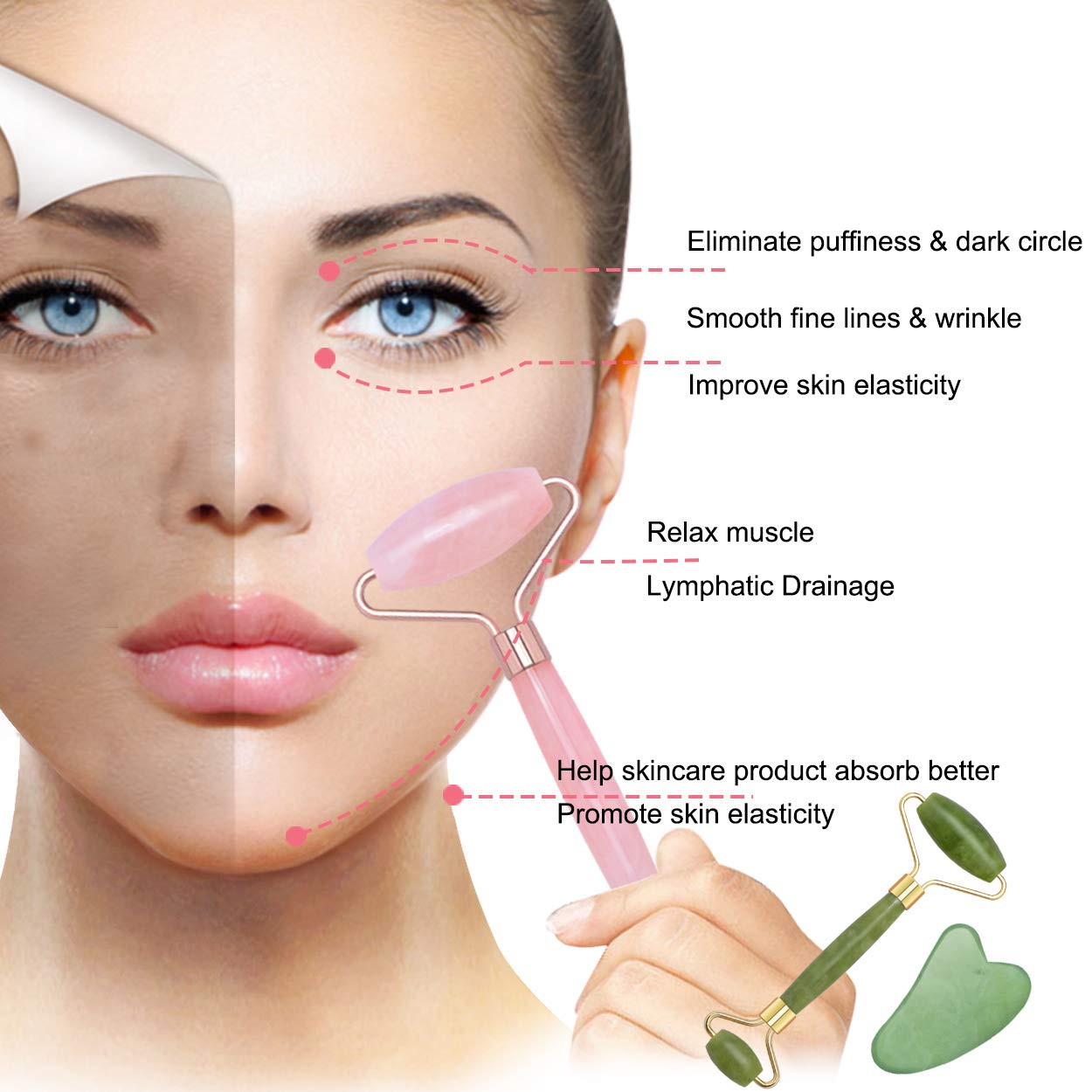 Jade Roller for Face & Natural Rose Quartz Roller & Gua Sha Scraping Tool, 3 in 1 Anti-Aging Jade Face Roller Massager for Cheeks Slimmer, Skin Tightening, Rejuvenate Skin