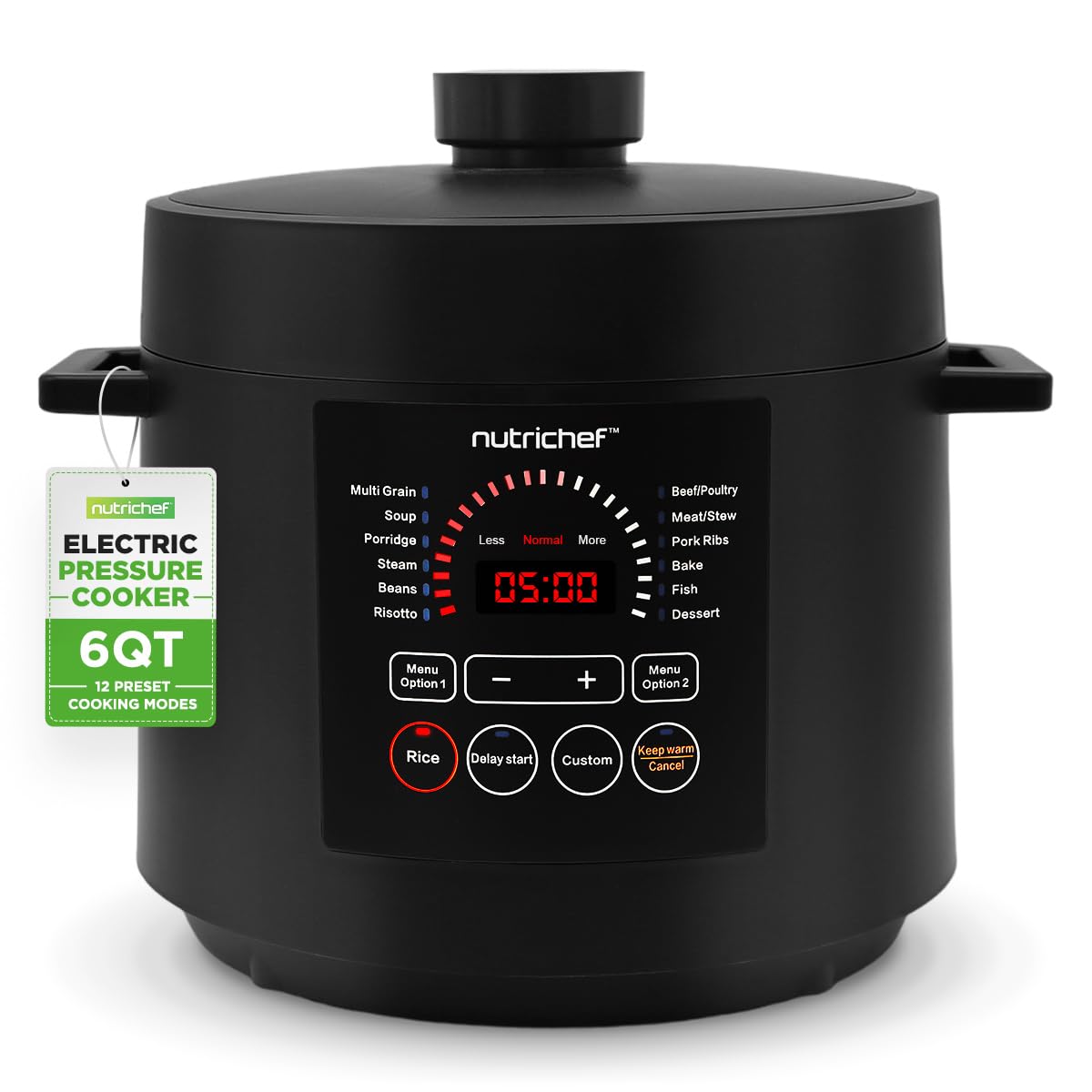 Olla a presión eléctrica NutriChef de 6 cuartos de capacidad | Olla a presión digital para encimera de 9 funciones | Tiempo y temperatura ajustables | Cocine, hornee, cocine al vapor, ase y estofado | 13,1 x 11,4 pulgadas | Negro