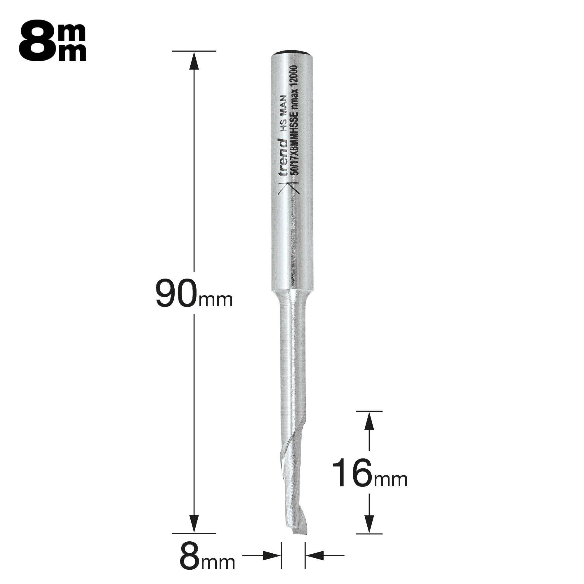 Trend Professional Helical Plunge Router Cutter, 8mm Shank, 5mm Cut Diameter, Narrow Extended Neck, High Speed Steel, 50/17X8MMHSSE