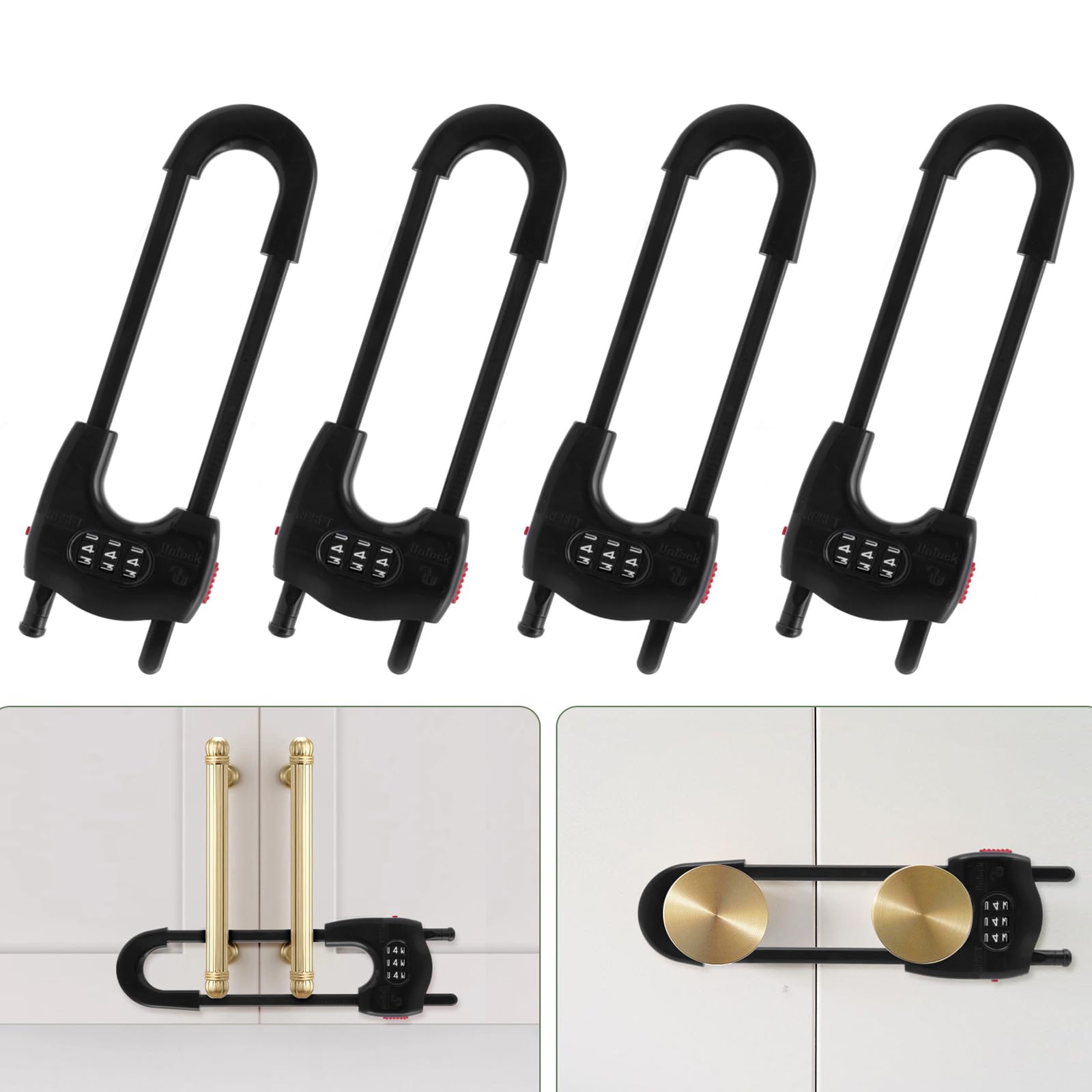 Photo 1 of Upgrade 4 Packs Sliding Cabinet Locks, Baby Proofing U-Shaped Child Safety Latches Adjustable White Locks for Handles Knobs Drawers - Black