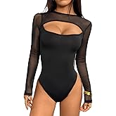 WDIRARA Women's Mesh Long Sleeve Bodysuit Sheer Cut Out Crew Neck Sexy Leotard Tops
