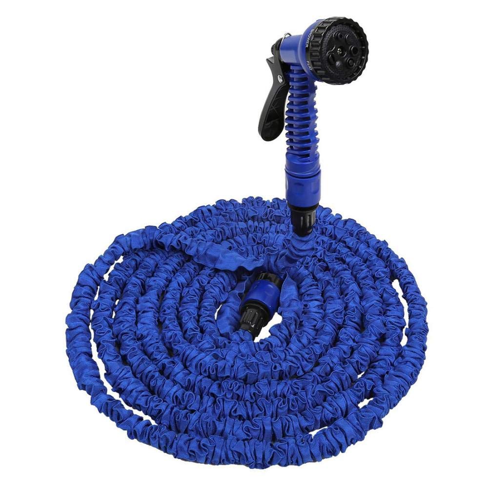 XIXIK 3 Times Expandable Garden Water Hose with 7 Functions Spray Nozzle, 25FT-150FT Natural Emulsion Flexible Garden Pipe(50FT, Blue)