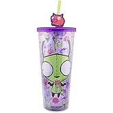 Silver Buffalo Invader Zim Gir Pattern Plastic Cold Cup with Lid and Straw Topper, 24 Ounces