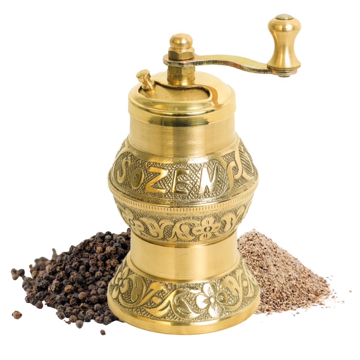 Sozen 4.7" Istanbul Manual Pepper Grinder Brass – Handmade Turkish Pepper Mill, Conical Burr Spice Grinder, Portable Hand Crank Mill for Salt, Peppercorns, and Other Spices with Durable Brass Decor