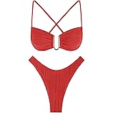 ZAFUL Women's Textured Underwire Bikini Set V Notch High Cut Swimwear Tie Side Ribbed Sexy Swimsuits