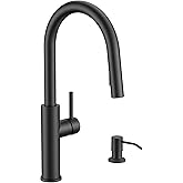 FORIOUS Kitchen Faucet with Soap Dispenser, Modern Matte Black, Single Handle High Arc Stainless Steel Kitchen Sink Faucet with Pull Down Sprayer, 1 or 3 Hole Deck Mount for RV, Laundry, Outdoor