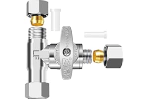 PURENAT Tee Stop Valve - 3/8 Comp x 3/8 Comp x 1/4 Comp Brass Add-A-Tee Valve,Feed Water Adapter for Refrigerator,Ice Maker,Reverse Osmosis(RO) Water Filters,1/4 Comp Outlet Water Line Splitter