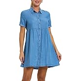 FASHIONSPARK Women's Denim Button Down Dresses Short Sleeve Babydoll Flowy Tiered V Neck Dress Casual Jean Dress