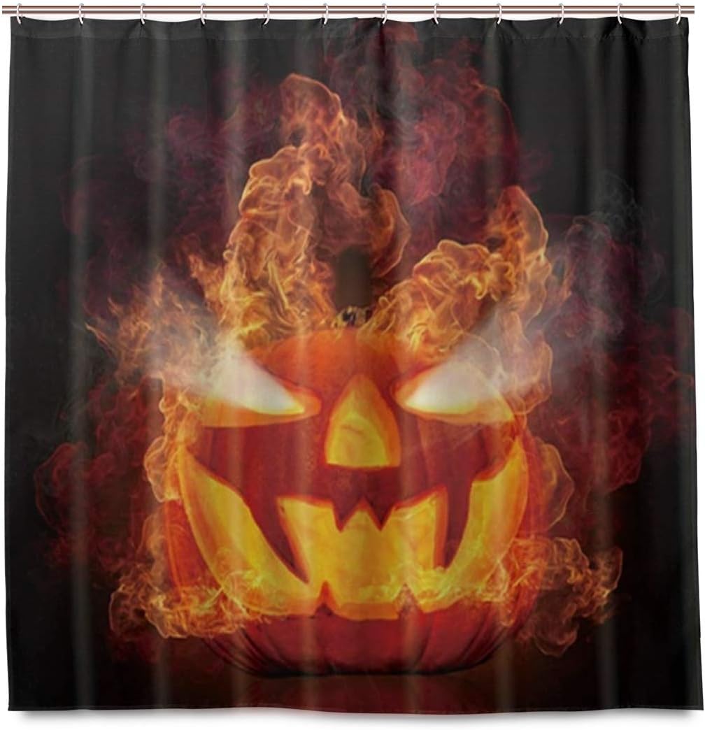 Amazon Kapanou防水 シャワーカーテン ハロウィーンの創造性の燃えるような恐怖のカボチャ頭 かわいいシャワーカーテン ユニットバス バスルーム 芸術の装飾 180cmx180cm バスフック付き 取り付け簡単 シャワーカーテン ホーム キッチン オンライン通販