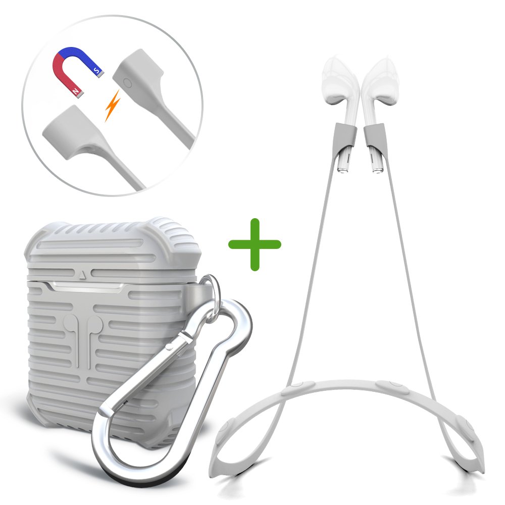 Silicone Apple AirPods Case Strap Accessories, Magnetic Straps Protective Skin Cover Set for Apple Wireless Earphone(Grey)