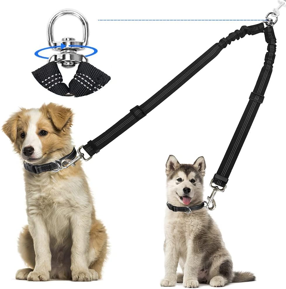 Kelivi Double Dog Lead Coupler 360° Tangle Free Heavy Duty Reflective 24in