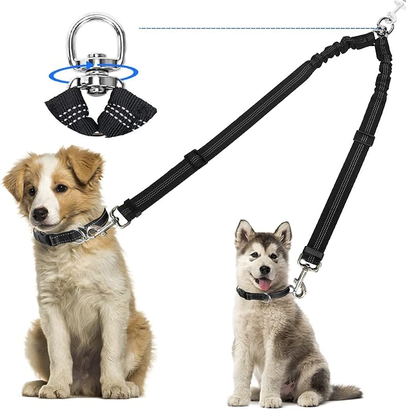 Kelivi Double Dog Lead Coupler 360° Tangle Free Heavy Duty Reflective 24in