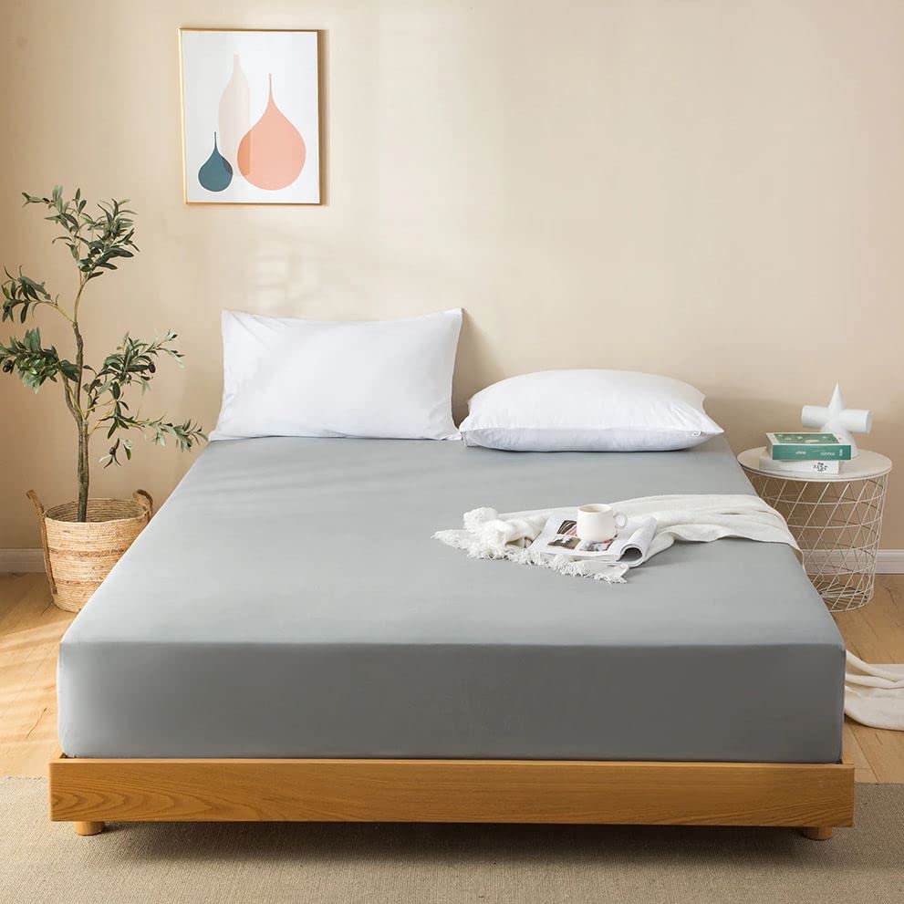 Fitted Sheet 100% Egyptian Cotton 600 Thread Count 12"/30CM Extra Deep Pocket Bottom Sheets - Satin White Grey Luxury Mattress Topper Bed Sheets Double King Superking (Grey, Double)