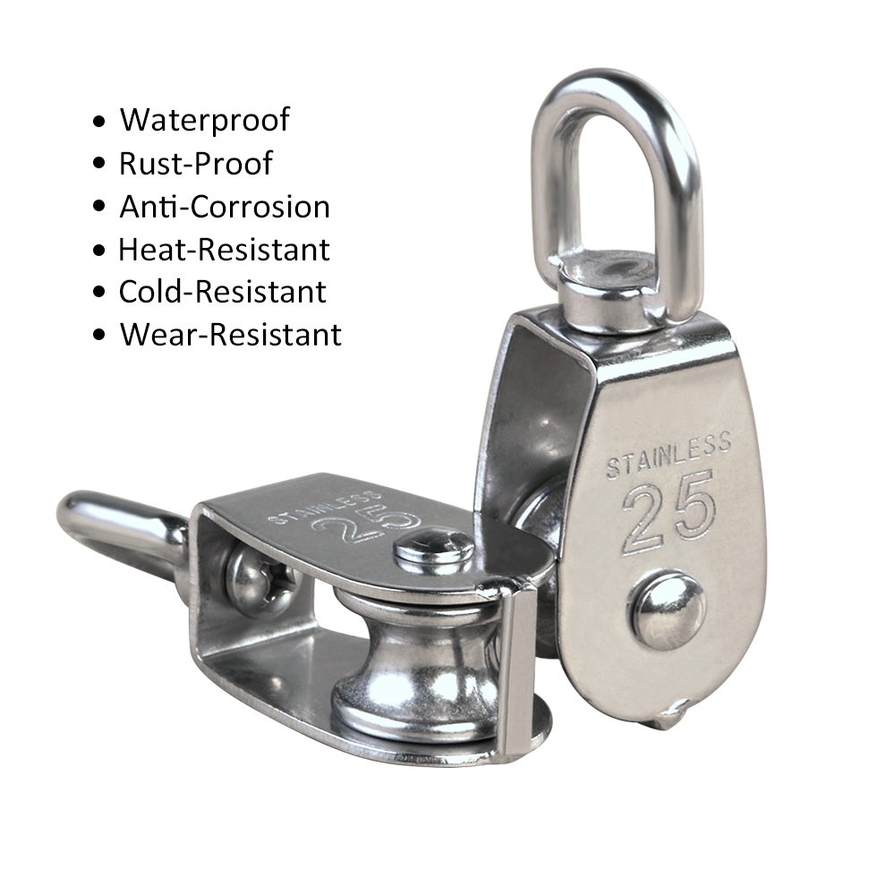2Pcs M25 Silver Single Pulley Block 304 Stainless Steel Single Wheel Wirerope Traction Trolley Crane Swivel Hook Pulley Roller Loading 150kg(M25)