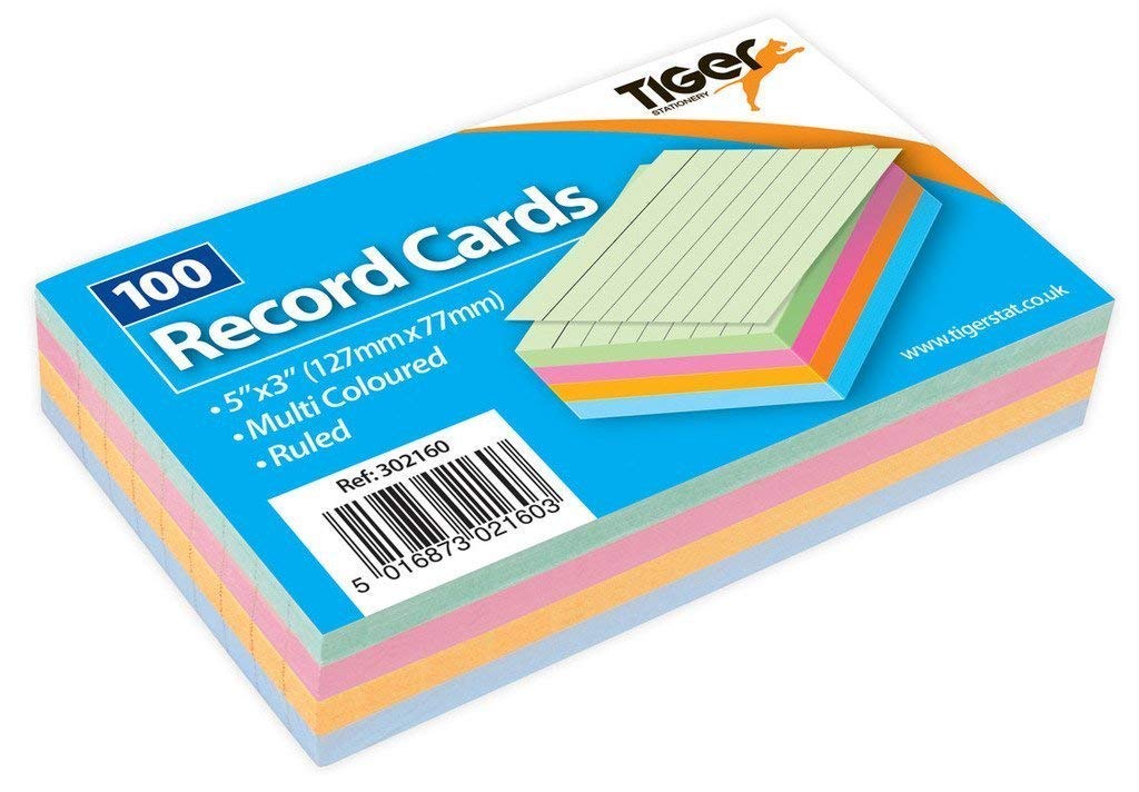 3X1 x 100 Sheet Pack of Record Flash Cards Coloured Study Revision Coloured 5x3"