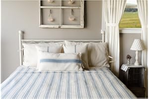 Home Collections by Raghu Grain Sack Stripe Cream and Colonial Blue 94" x 104" Queen Bedspread from Home Collections