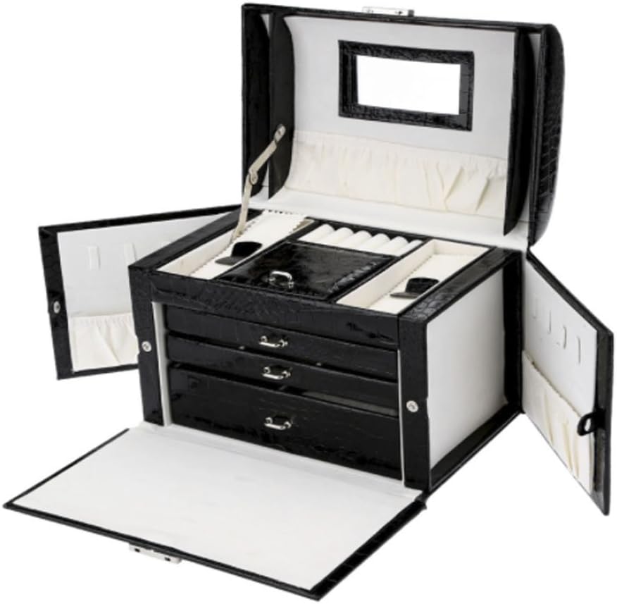 Black leather Jewelry Box Storage Case Necklace Ring Display Container Organizer