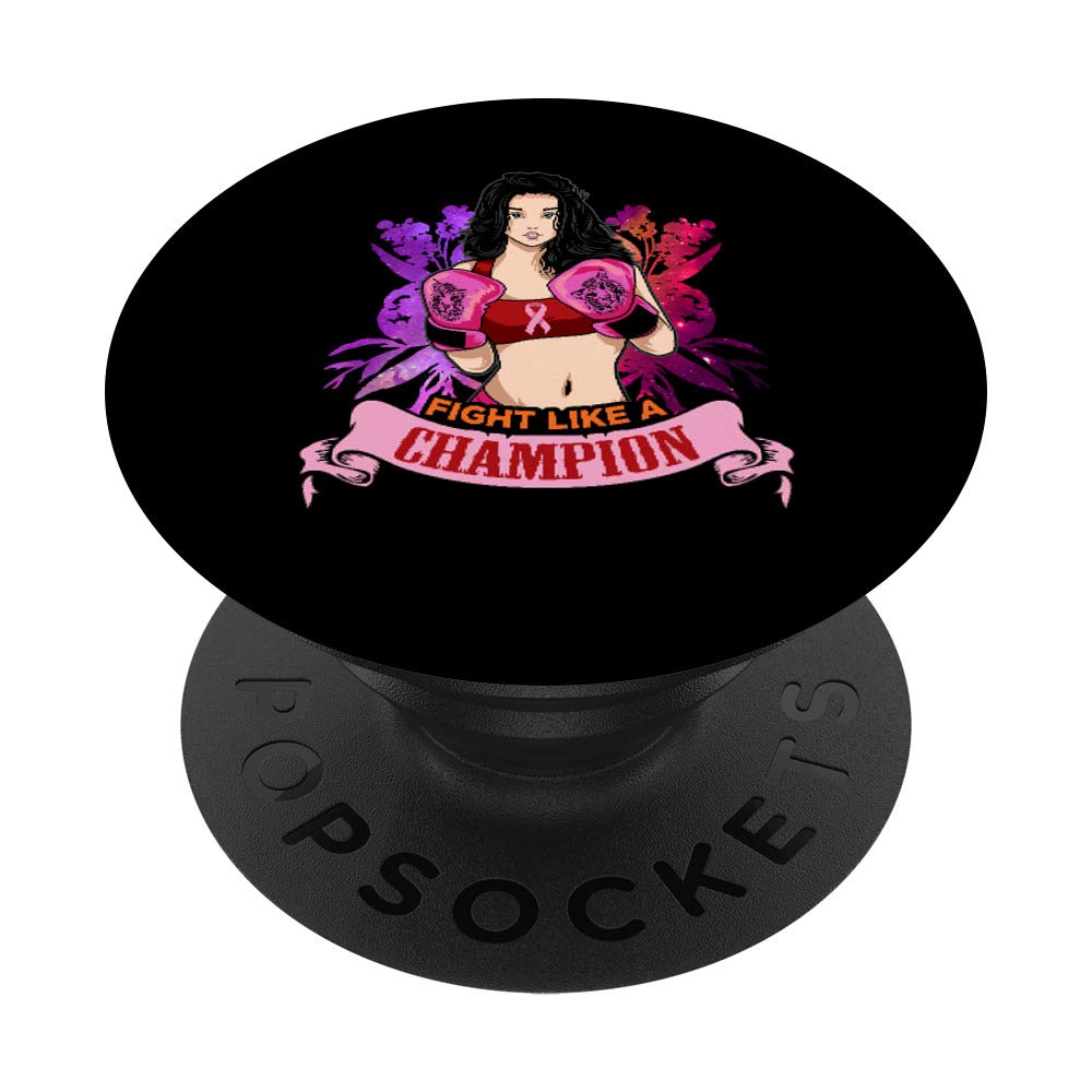 Asian Girl Pink Warrior Breast Cancer Awareness Boxing PopSockets Swappable PopGrip