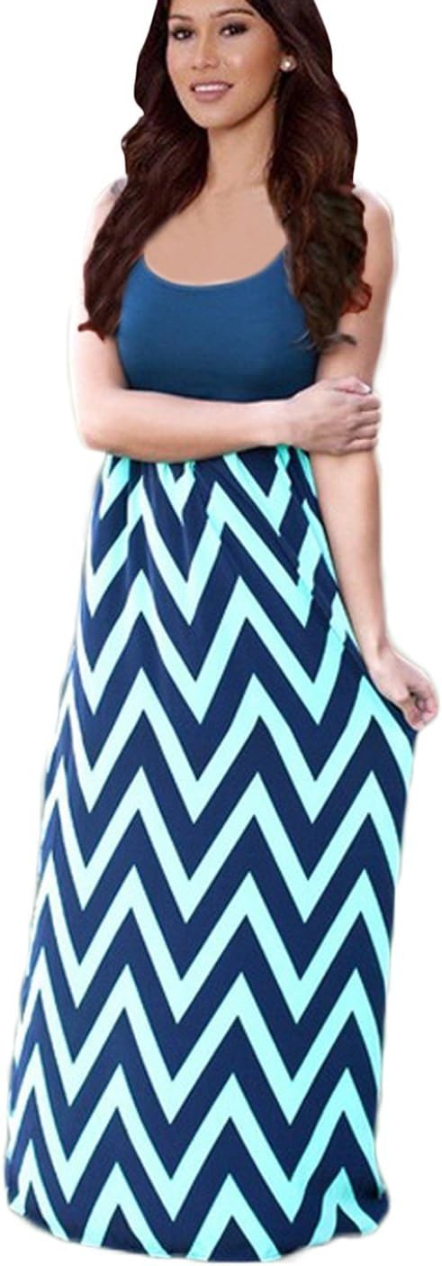 Newfits Womens Striped Zig Zag Scoop Neck Chevron Print Tank Maxi Long Dress Navy Blue